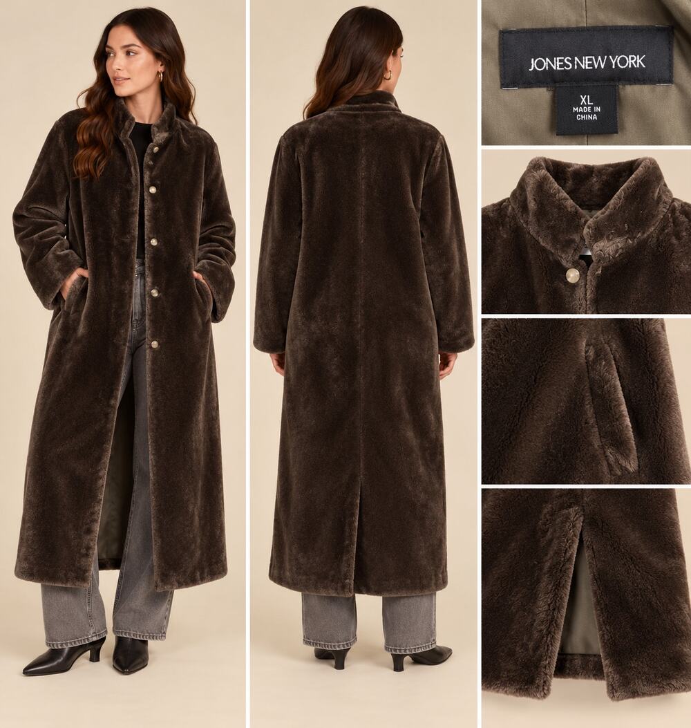 Jones New York XL Brown Faux Fur Long Coat Chocolate Y2K Mob Wife Vintage